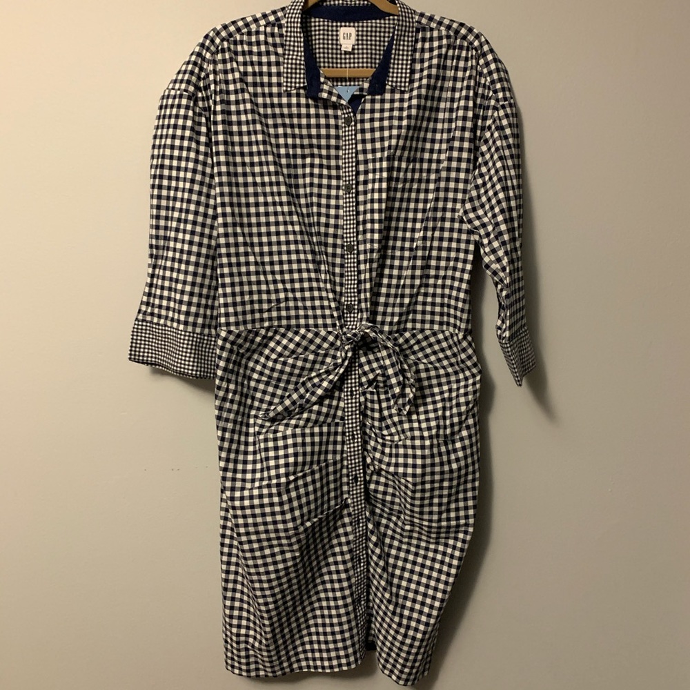 NWT GAP Navy Blue white Check Shirtdress Lg TALL